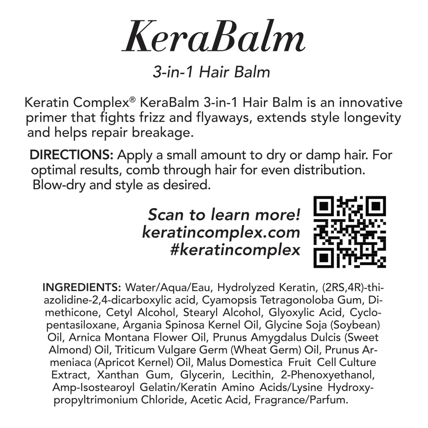 Keratin Complex Kerabalm 3-in-1 Multi-Benefit Hair Balm – Leave-In Conditioner, Styling Cream & Heat Protectant for Frizz Control & Shine, 1.7 oz / 50ml